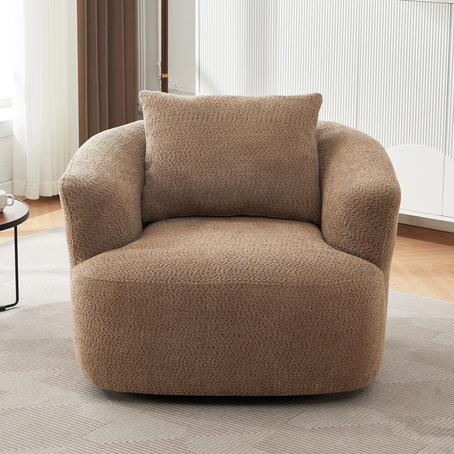 Chaise pivotante à 360°, chaise d'appoint en boucle de 38,2 pouces avec coussin décoratif, chaise de canapé en forme de tonneau avec accoudoirs incurvés.