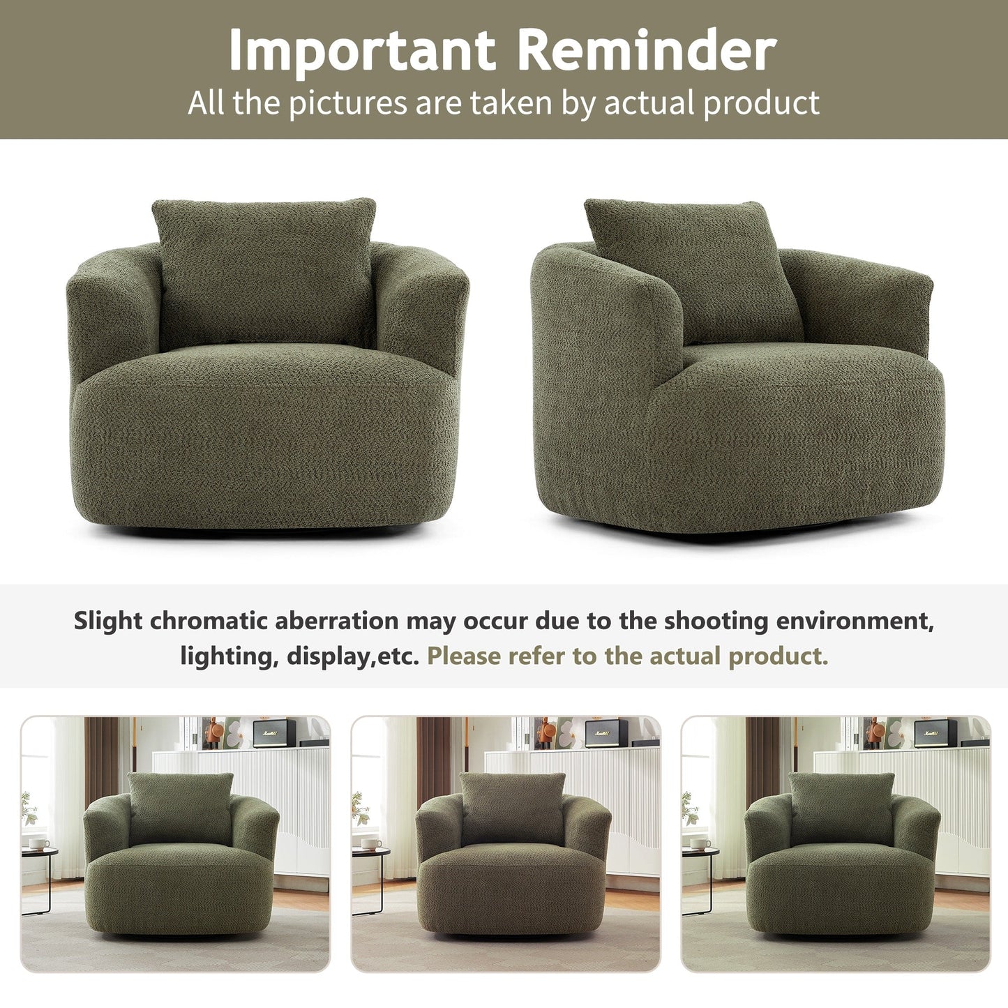 Chaise pivotante à 360°, chaise d'appoint en boucle de 38,2 pouces avec coussin décoratif, chaise de canapé en forme de tonneau avec accoudoirs incurvés.