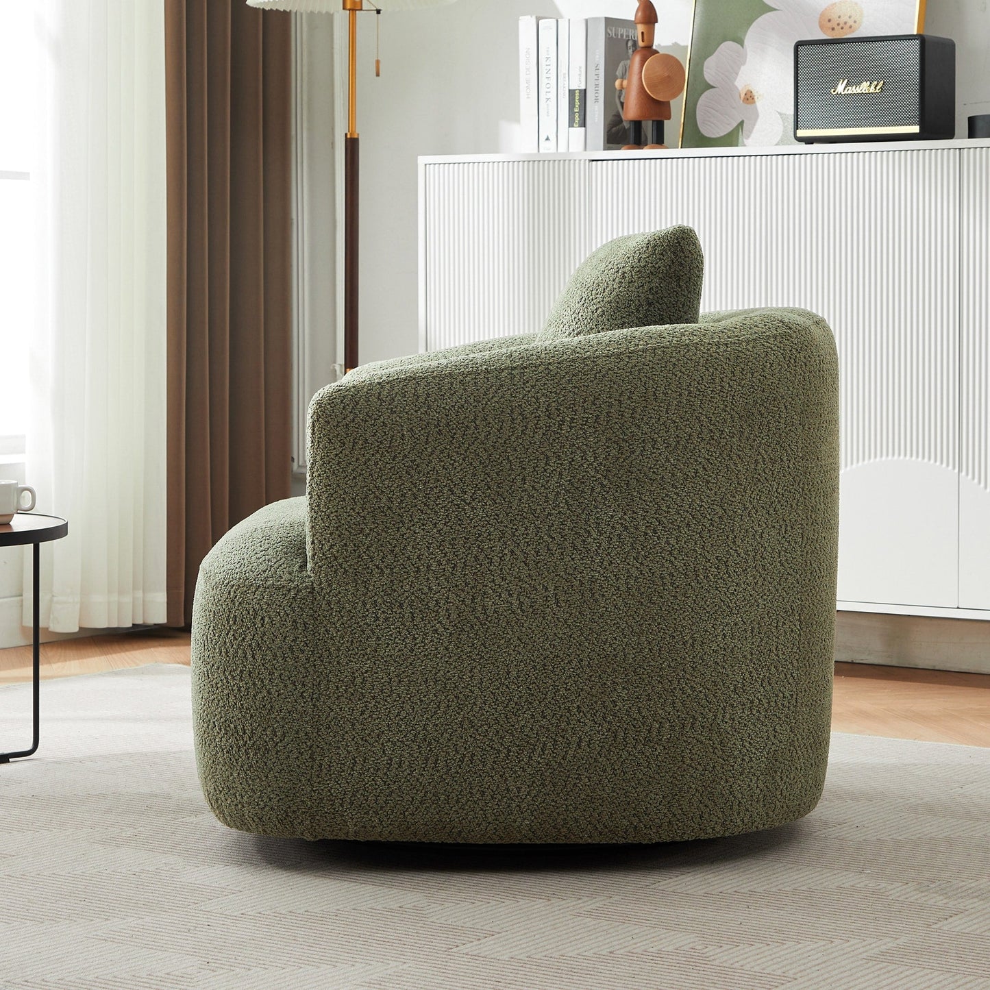 Chaise pivotante à 360°, chaise d'appoint en boucle de 38,2 pouces avec coussin décoratif, chaise de canapé en forme de tonneau avec accoudoirs incurvés.