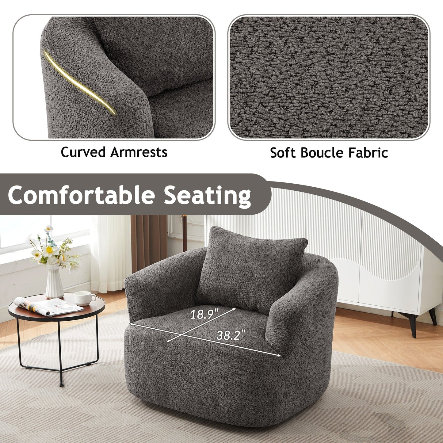 Chaise pivotante à 360°, chaise d'appoint en boucle de 38,2 pouces avec coussin décoratif, chaise de canapé en forme de tonneau avec accoudoirs incurvés.