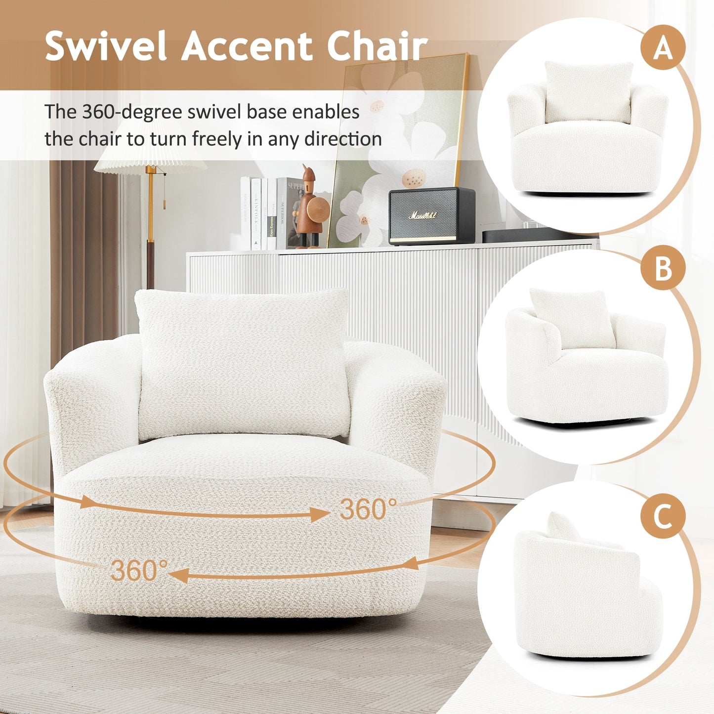 Chaise pivotante à 360°, chaise d'appoint en boucle de 38,2 pouces avec coussin décoratif, chaise de canapé en forme de tonneau avec accoudoirs incurvés.