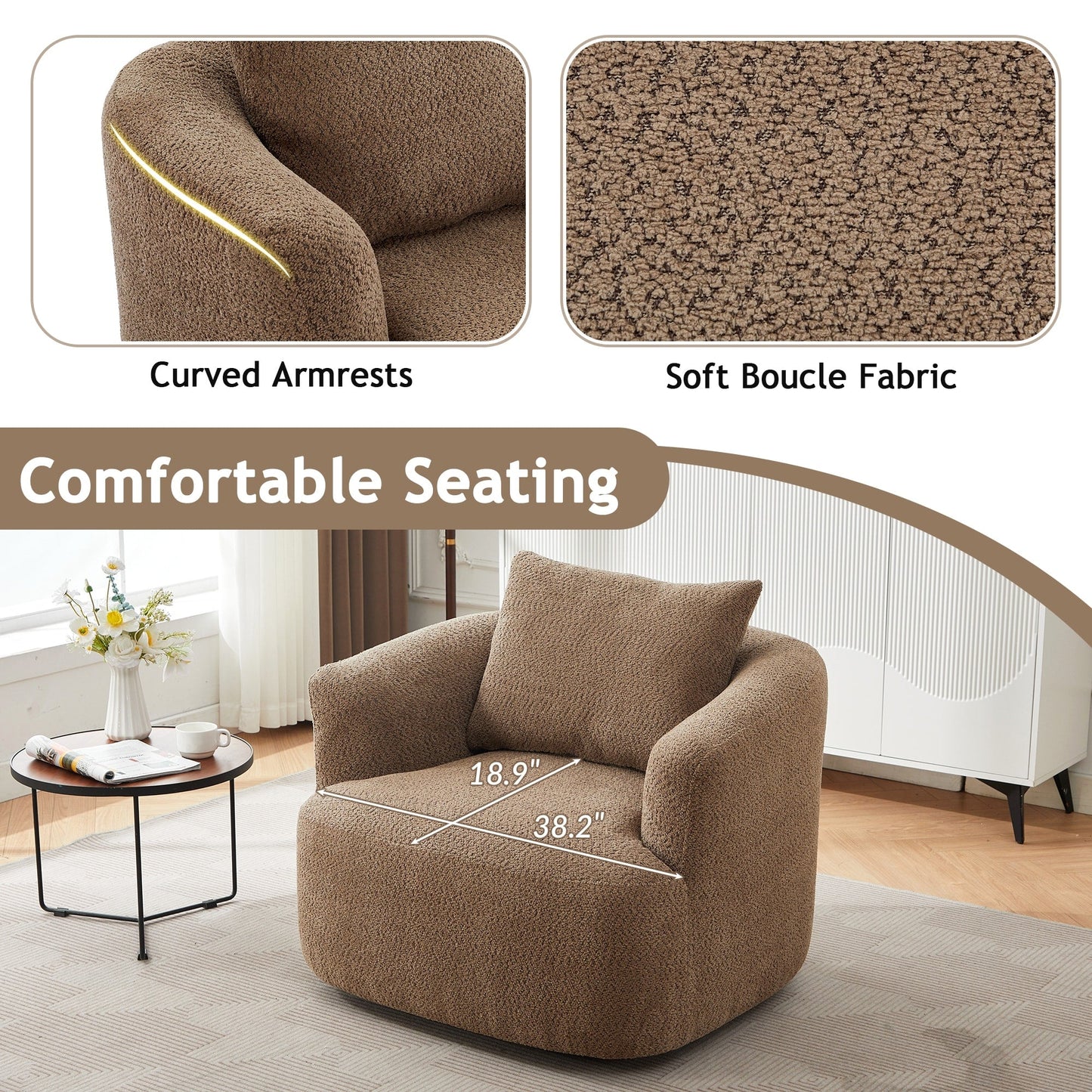 Chaise pivotante à 360°, chaise d'appoint en boucle de 38,2 pouces avec coussin décoratif, chaise de canapé en forme de tonneau avec accoudoirs incurvés.