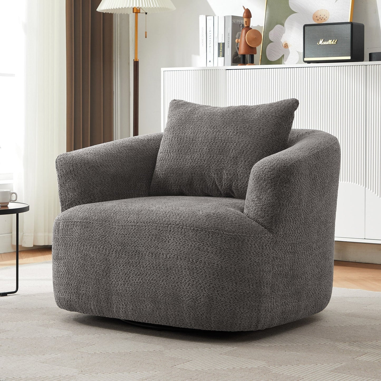 Chaise pivotante à 360°, chaise d'appoint en boucle de 38,2 pouces avec coussin décoratif, chaise de canapé en forme de tonneau avec accoudoirs incurvés.