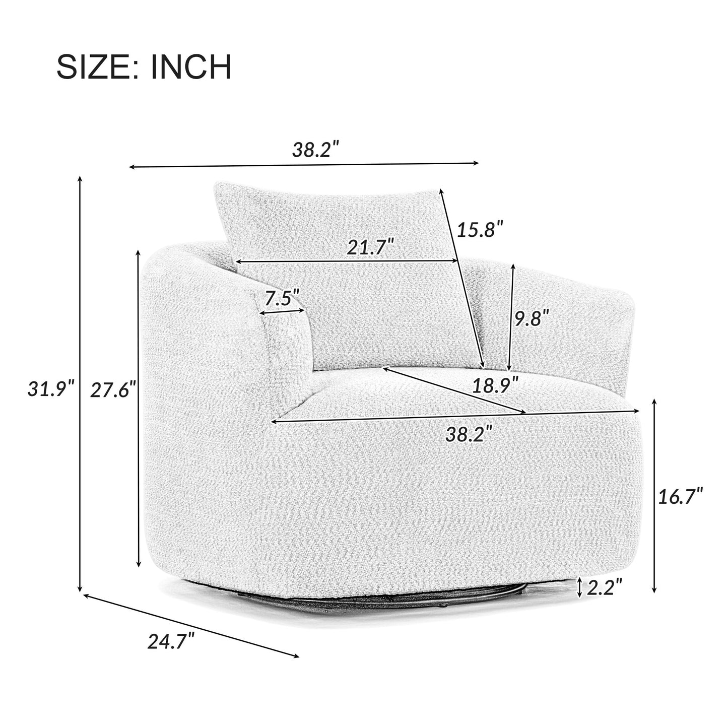 Chaise pivotante à 360°, chaise d'appoint en boucle de 38,2 pouces avec coussin décoratif, chaise de canapé en forme de tonneau avec accoudoirs incurvés.