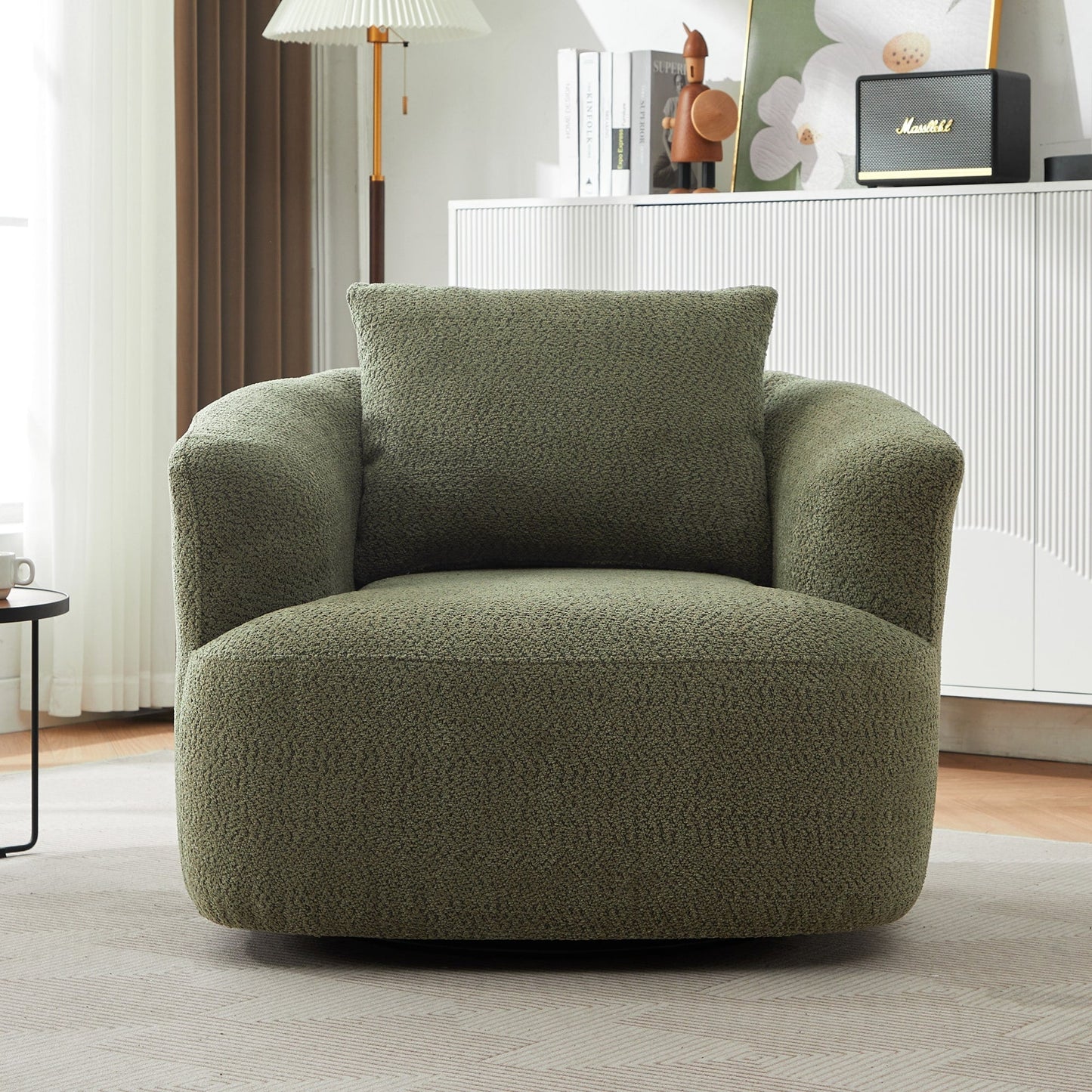 Chaise pivotante à 360°, chaise d'appoint en boucle de 38,2 pouces avec coussin décoratif, chaise de canapé en forme de tonneau avec accoudoirs incurvés.
