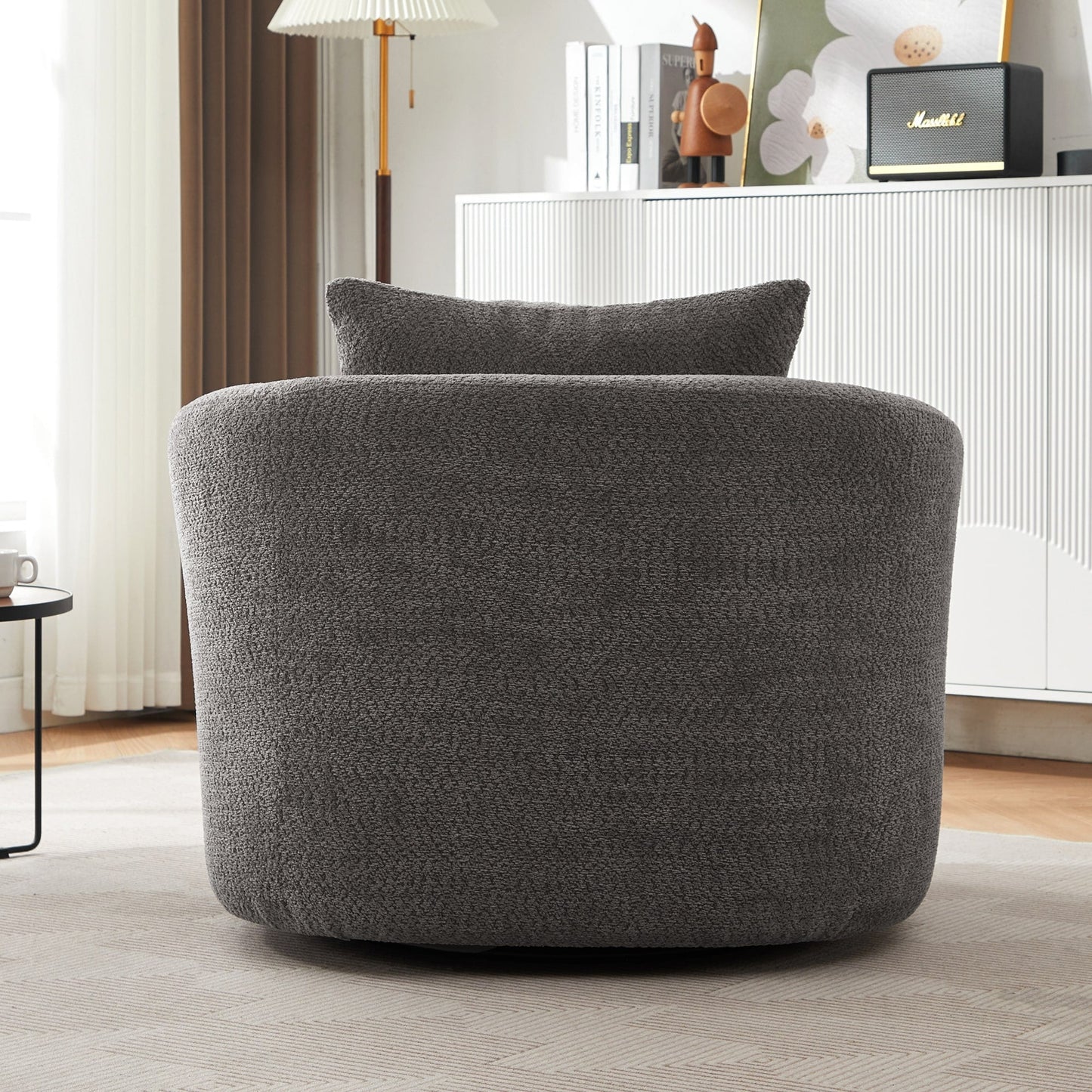 Chaise pivotante à 360°, chaise d'appoint en boucle de 38,2 pouces avec coussin décoratif, chaise de canapé en forme de tonneau avec accoudoirs incurvés.