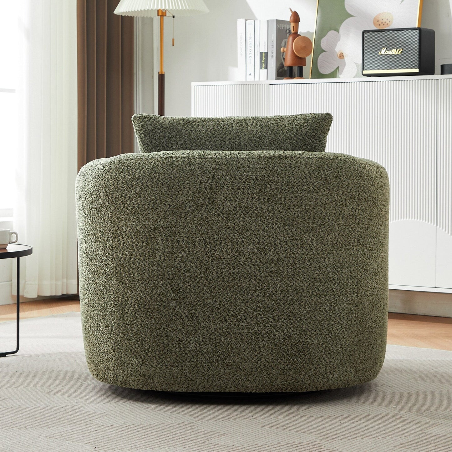 Chaise pivotante à 360°, chaise d'appoint en boucle de 38,2 pouces avec coussin décoratif, chaise de canapé en forme de tonneau avec accoudoirs incurvés.