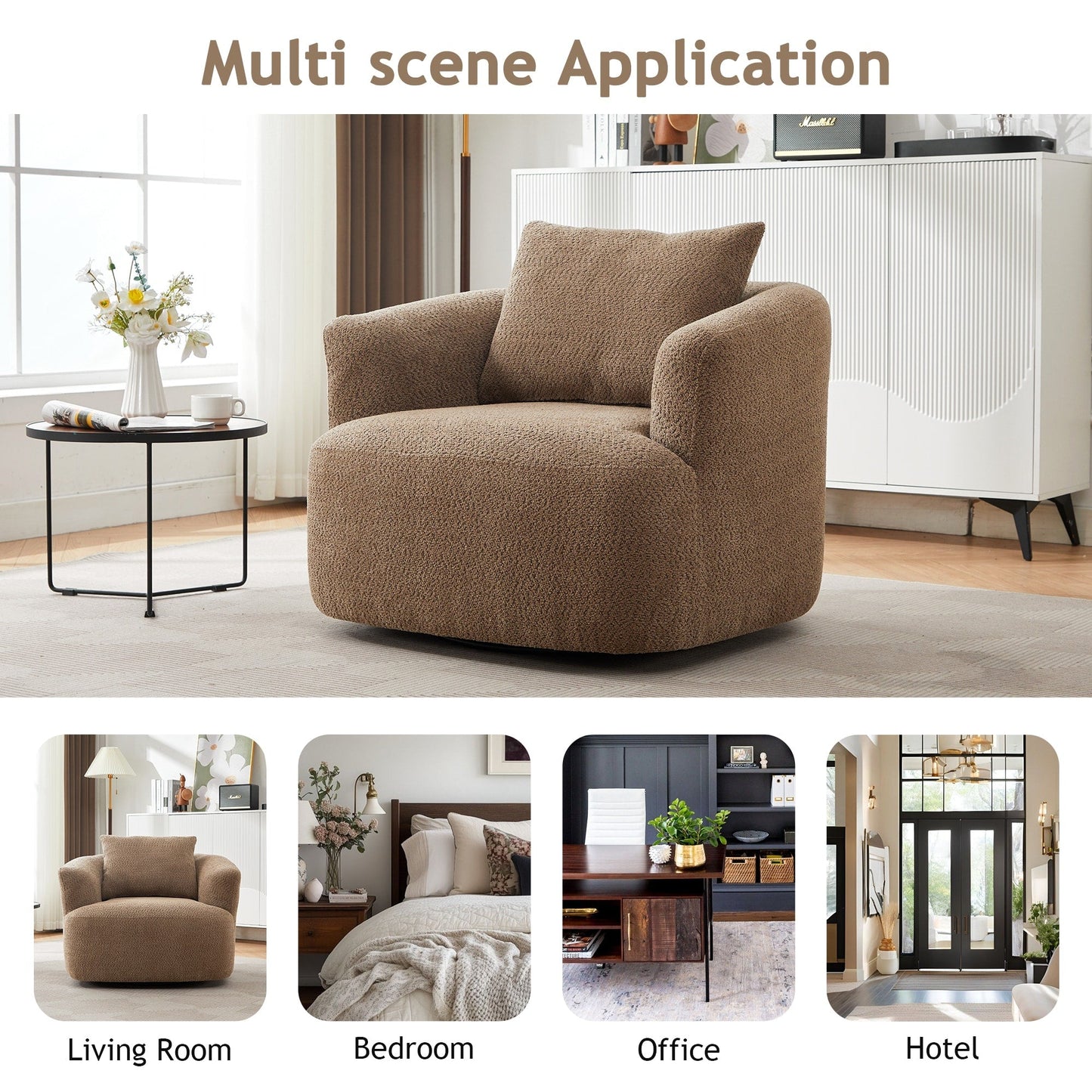 Chaise pivotante à 360°, chaise d'appoint en boucle de 38,2 pouces avec coussin décoratif, chaise de canapé en forme de tonneau avec accoudoirs incurvés.