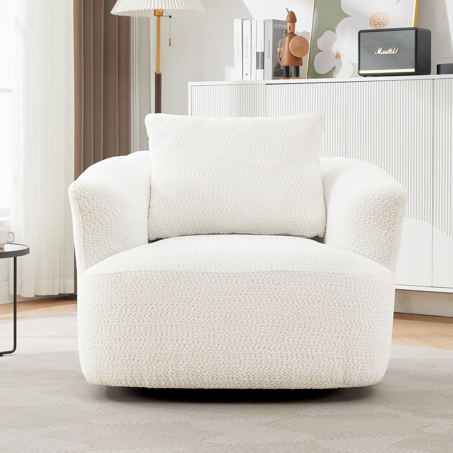 Chaise pivotante à 360°, chaise d'appoint en boucle de 38,2 pouces avec coussin décoratif, chaise de canapé en forme de tonneau avec accoudoirs incurvés.