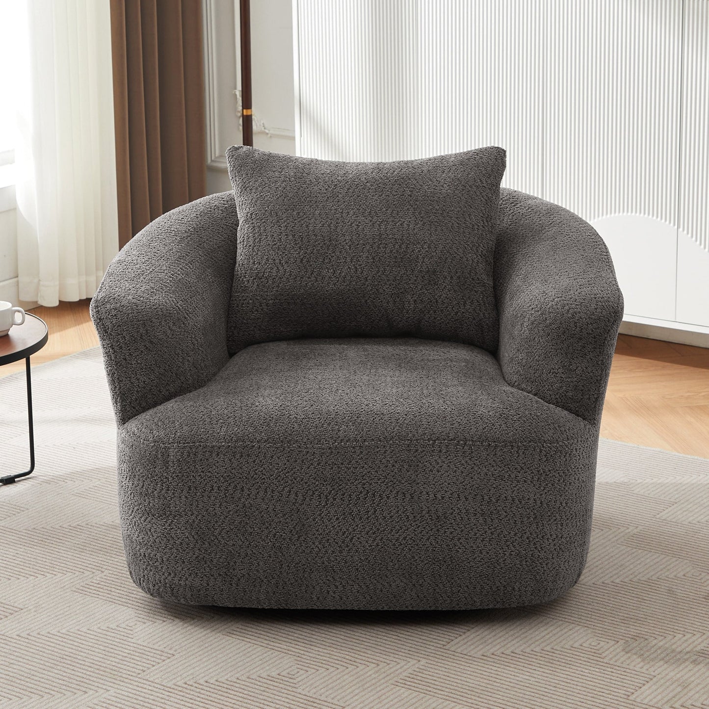 Chaise pivotante à 360°, chaise d'appoint en boucle de 38,2 pouces avec coussin décoratif, chaise de canapé en forme de tonneau avec accoudoirs incurvés.