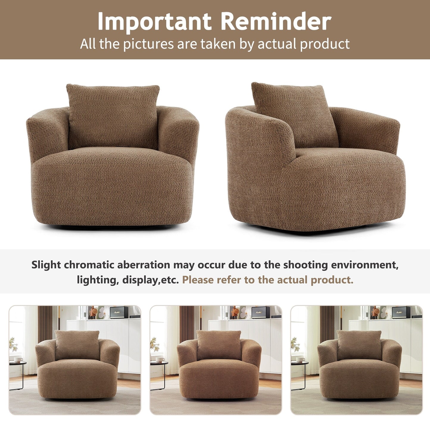 Chaise pivotante à 360°, chaise d'appoint en boucle de 38,2 pouces avec coussin décoratif, chaise de canapé en forme de tonneau avec accoudoirs incurvés.