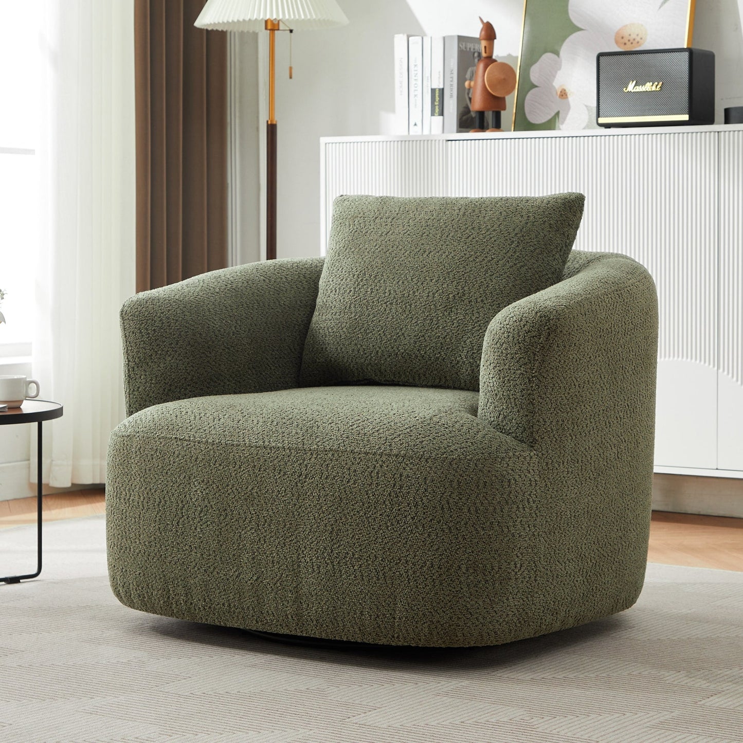 Chaise pivotante à 360°, chaise d'appoint en boucle de 38,2 pouces avec coussin décoratif, chaise de canapé en forme de tonneau avec accoudoirs incurvés.