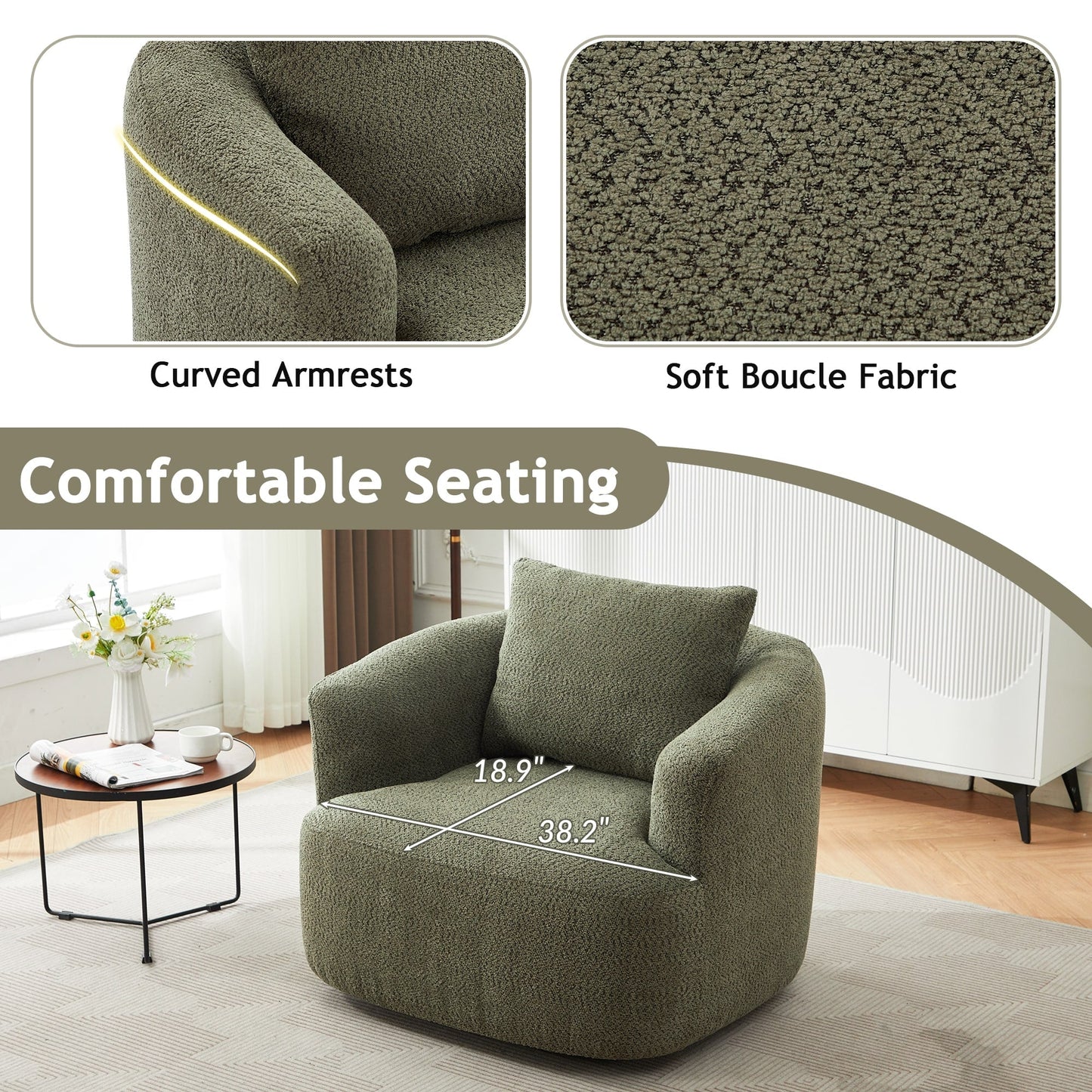 Chaise pivotante à 360°, chaise d'appoint en boucle de 38,2 pouces avec coussin décoratif, chaise de canapé en forme de tonneau avec accoudoirs incurvés.