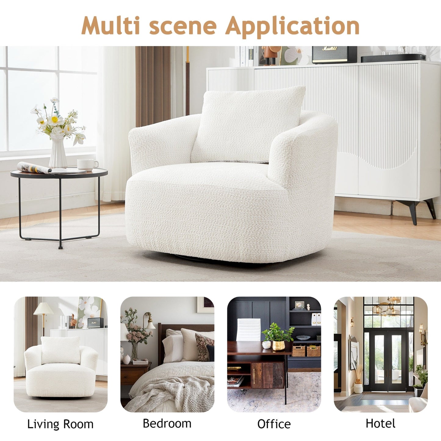 Chaise pivotante à 360°, chaise d'appoint en boucle de 38,2 pouces avec coussin décoratif, chaise de canapé en forme de tonneau avec accoudoirs incurvés.