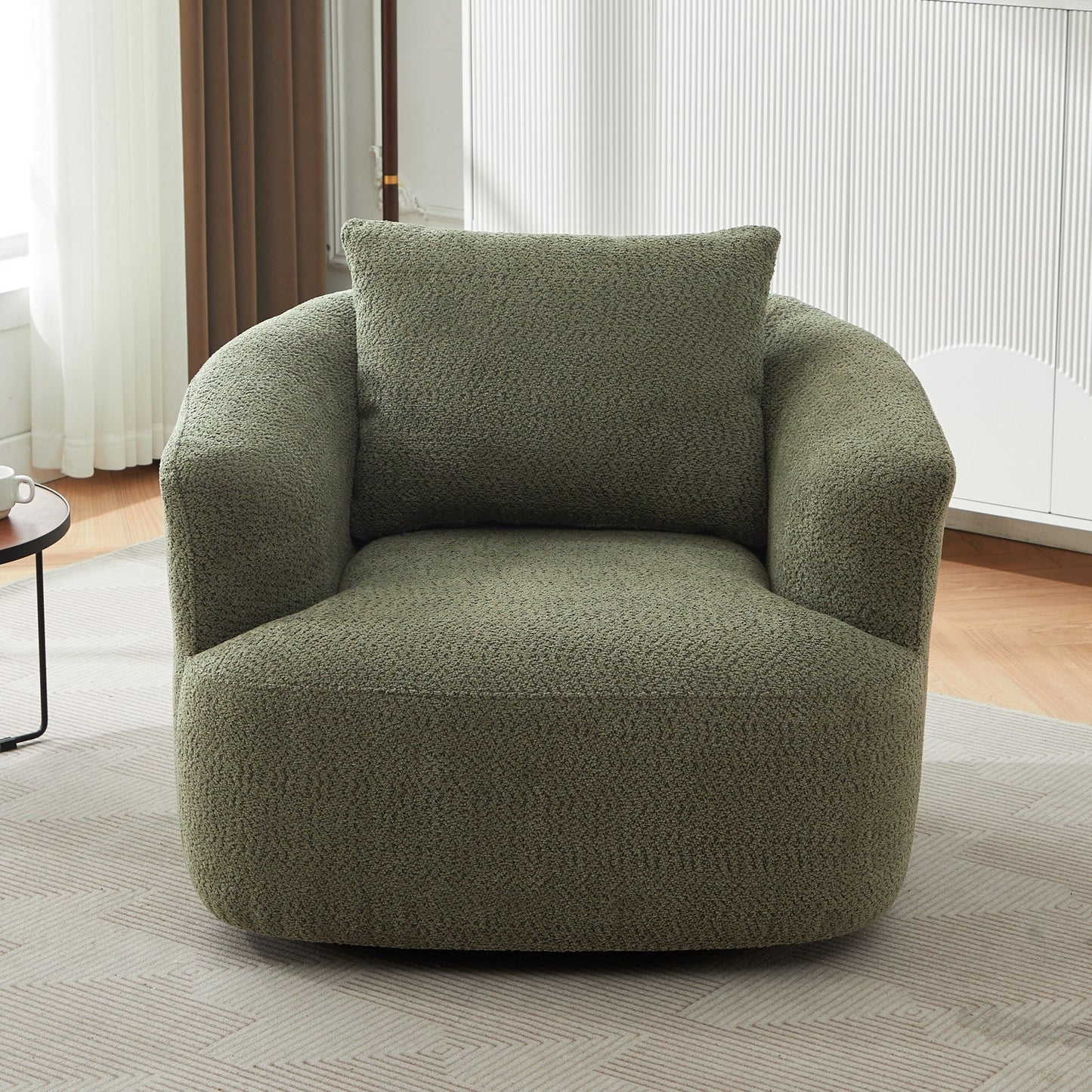 Chaise pivotante à 360°, chaise d'appoint en boucle de 38,2 pouces avec coussin décoratif, chaise de canapé en forme de tonneau avec accoudoirs incurvés.