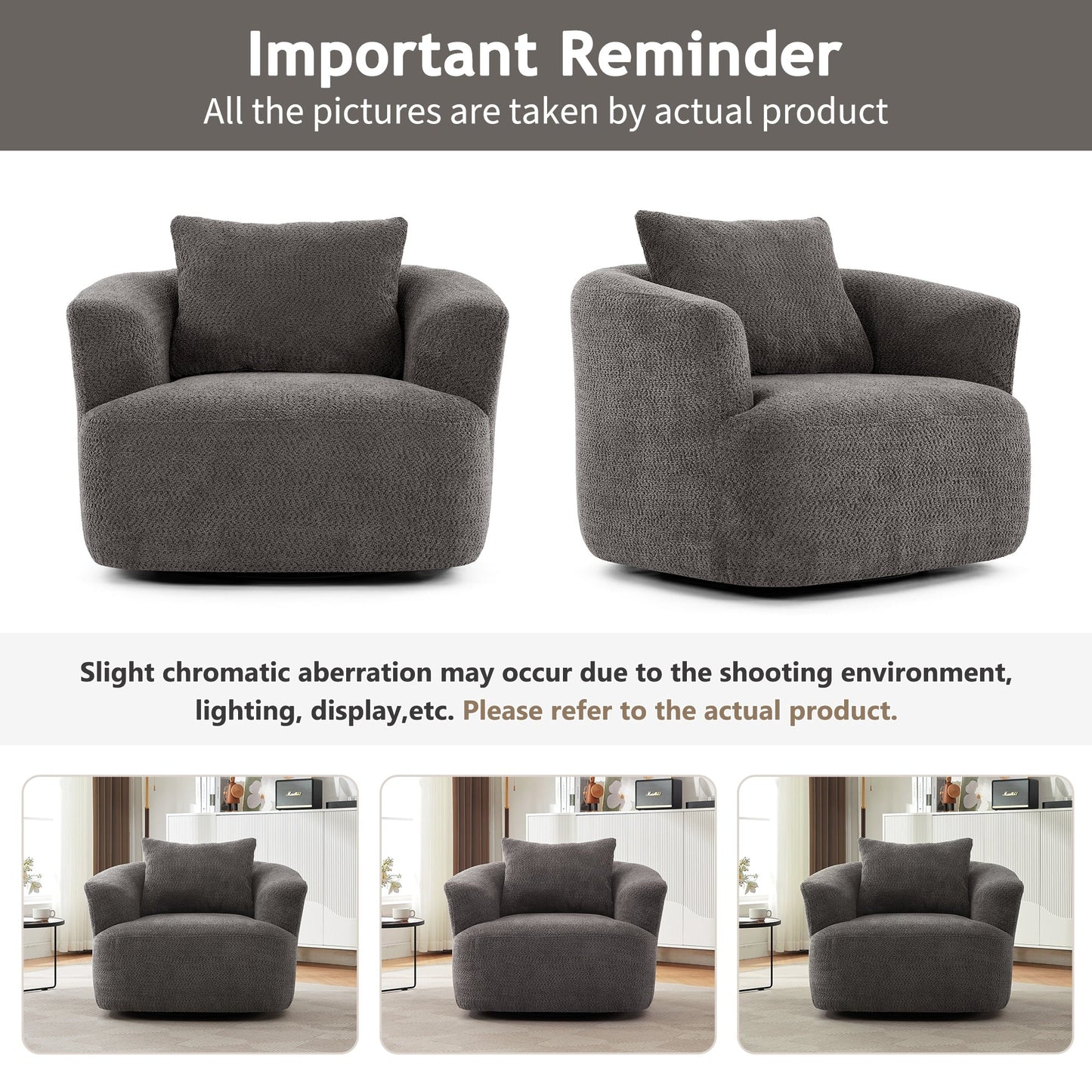 Chaise pivotante à 360°, chaise d'appoint en boucle de 38,2 pouces avec coussin décoratif, chaise de canapé en forme de tonneau avec accoudoirs incurvés.