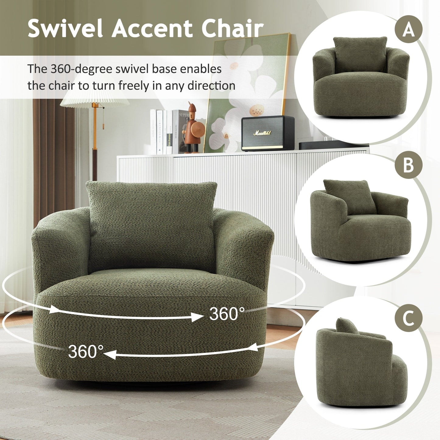Chaise pivotante à 360°, chaise d'appoint en boucle de 38,2 pouces avec coussin décoratif, chaise de canapé en forme de tonneau avec accoudoirs incurvés.