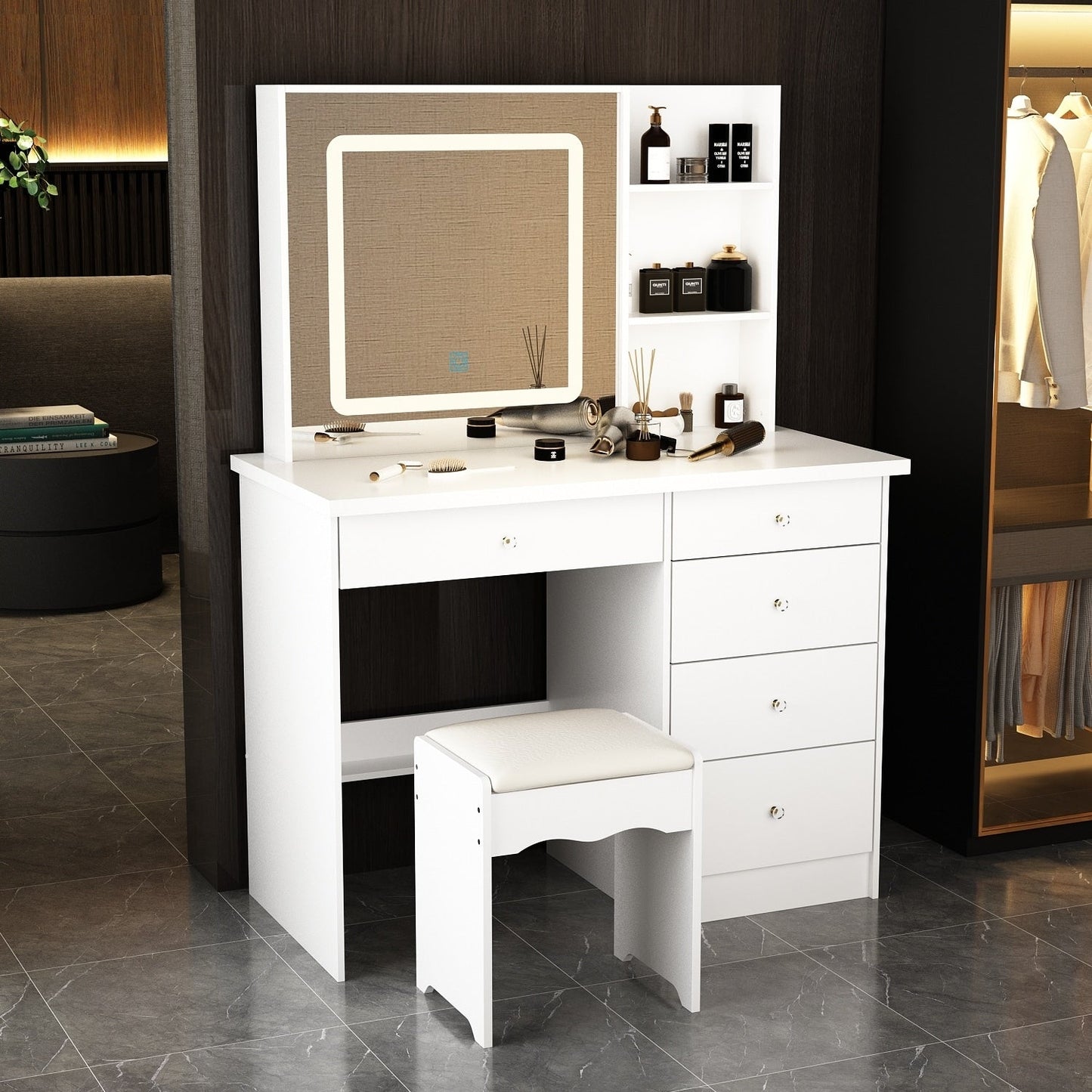 Ensemble coiffeuse et miroir de maquillage de 99,5 cm de large avec tabouret et miroir pour chambre à coucher