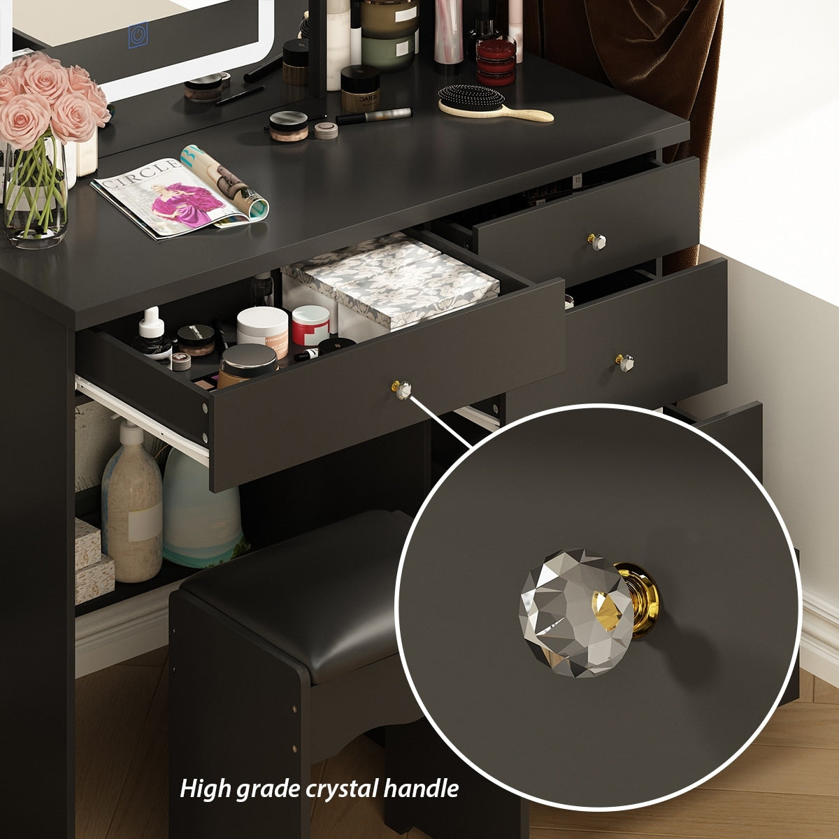 Ensemble coiffeuse et miroir de maquillage de 99,5 cm de large avec tabouret et miroir pour chambre à coucher