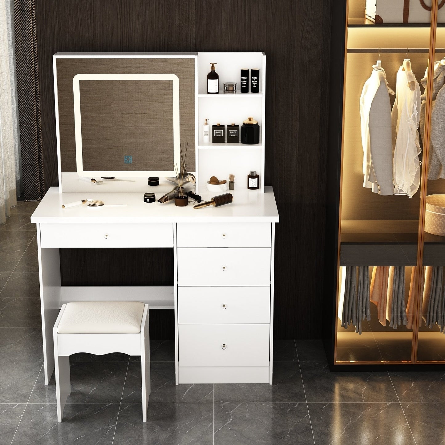Ensemble coiffeuse et miroir de maquillage de 99,5 cm de large avec tabouret et miroir pour chambre à coucher