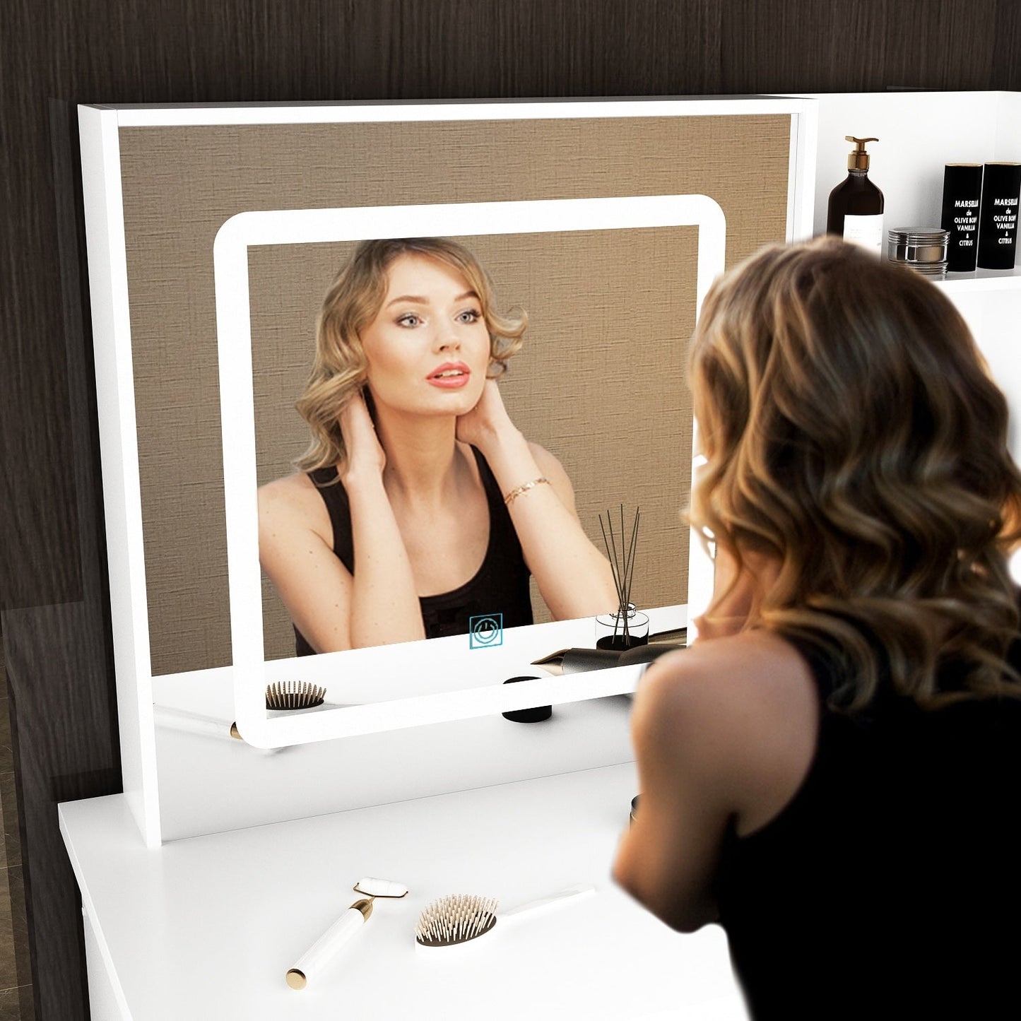 Ensemble coiffeuse et miroir de maquillage de 99,5 cm de large avec tabouret et miroir pour chambre à coucher