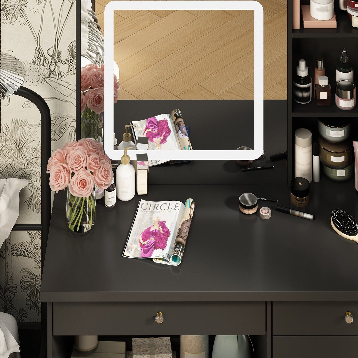 Ensemble coiffeuse et miroir de maquillage de 99,5 cm de large avec tabouret et miroir pour chambre à coucher
