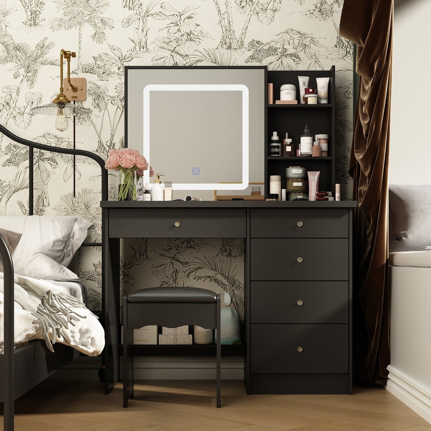 Ensemble coiffeuse et miroir de maquillage de 99,5 cm de large avec tabouret et miroir pour chambre à coucher