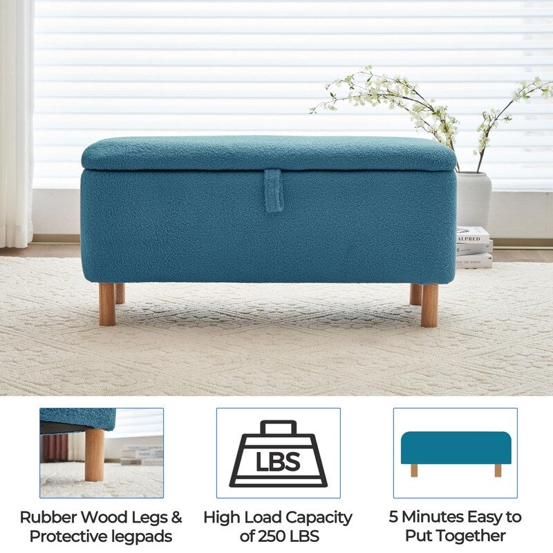 Banquette de rangement en bouclé blanc cassé Sherpa, 39,5 pouces, pouf de rangement, repose-pieds, pour salon, chambre à coucher, avec pieds en bois.
