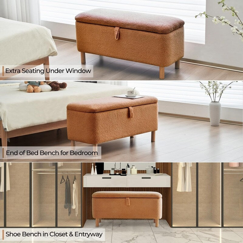 Banquette de rangement en bouclé blanc cassé Sherpa, 39,5 pouces, pouf de rangement, repose-pieds, pour salon, chambre à coucher, avec pieds en bois.