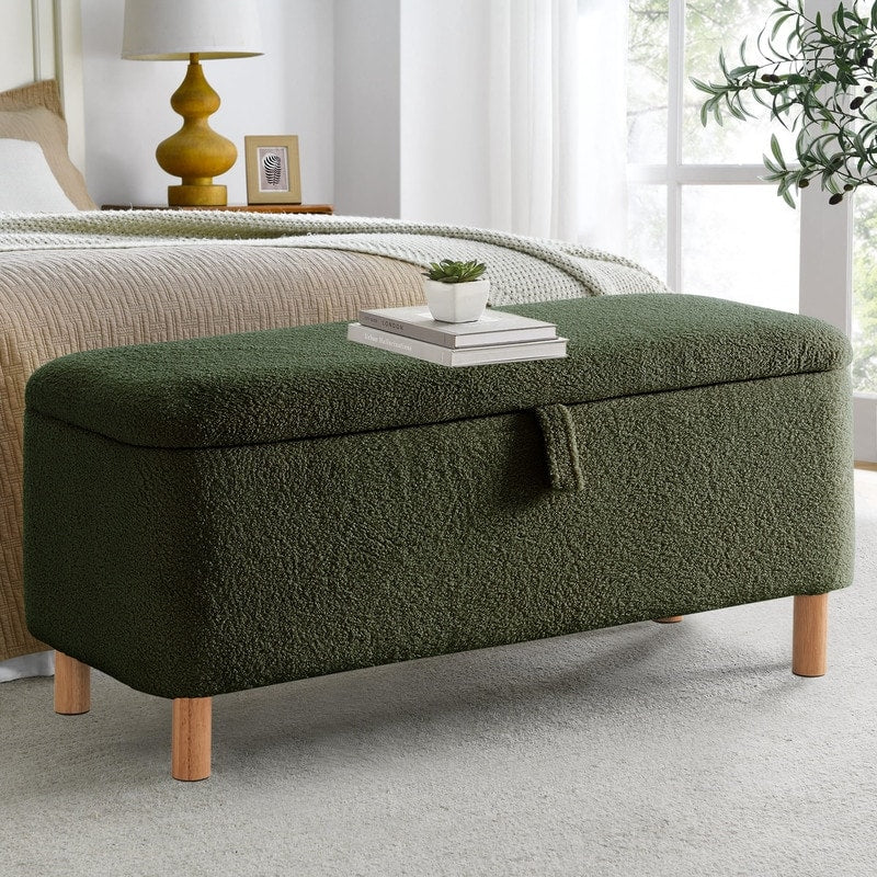 Banquette de rangement en bouclé blanc cassé Sherpa, 39,5 pouces, pouf de rangement, repose-pieds, pour salon, chambre à coucher, avec pieds en bois.