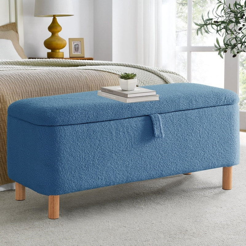 Banquette de rangement en bouclé blanc cassé Sherpa, 39,5 pouces, pouf de rangement, repose-pieds, pour salon, chambre à coucher, avec pieds en bois.