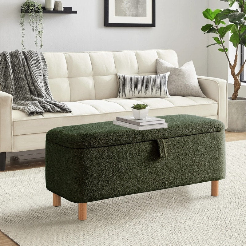 Banquette de rangement en bouclé blanc cassé Sherpa, 39,5 pouces, pouf de rangement, repose-pieds, pour salon, chambre à coucher, avec pieds en bois.