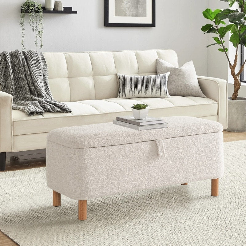 Banquette de rangement en bouclé blanc cassé Sherpa, 39,5 pouces, pouf de rangement, repose-pieds, pour salon, chambre à coucher, avec pieds en bois.