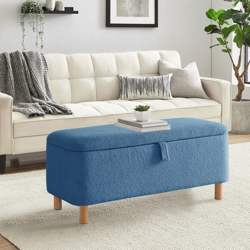 Banquette de rangement en bouclé blanc cassé Sherpa, 39,5 pouces, pouf de rangement, repose-pieds, pour salon, chambre à coucher, avec pieds en bois.
