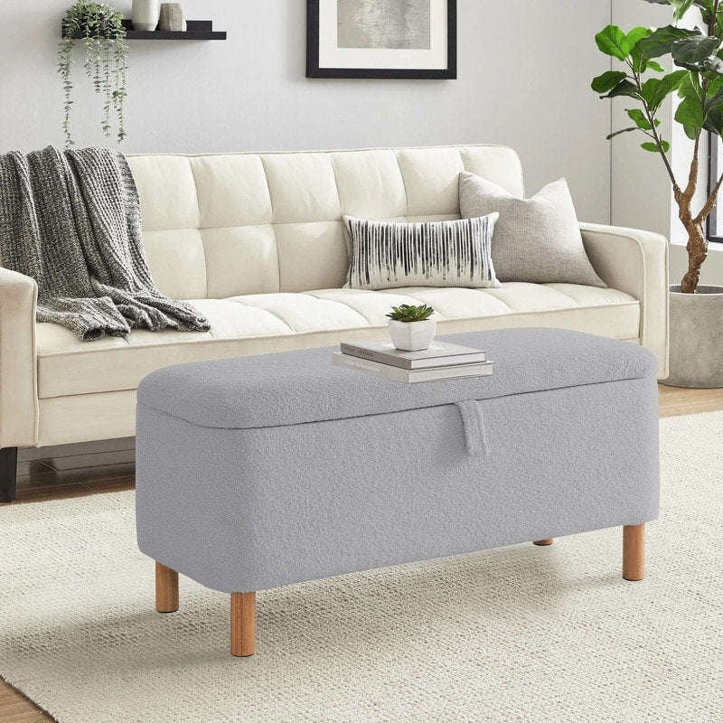 Banquette de rangement en bouclé blanc cassé Sherpa, 39,5 pouces, pouf de rangement, repose-pieds, pour salon, chambre à coucher, avec pieds en bois.