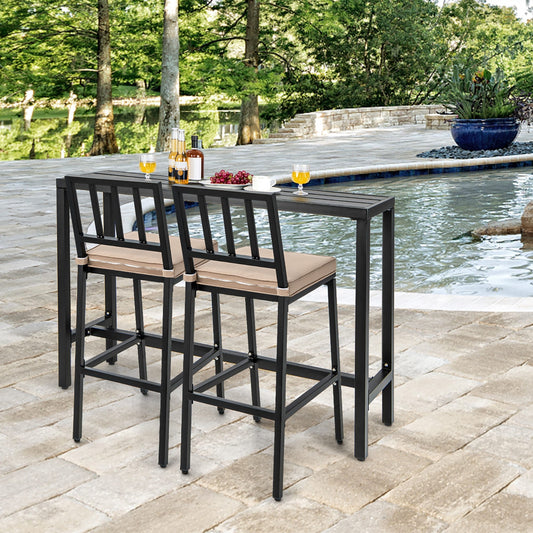 Ensemble de table et chaises de bar de patio 3 pièces en métal avec coussins