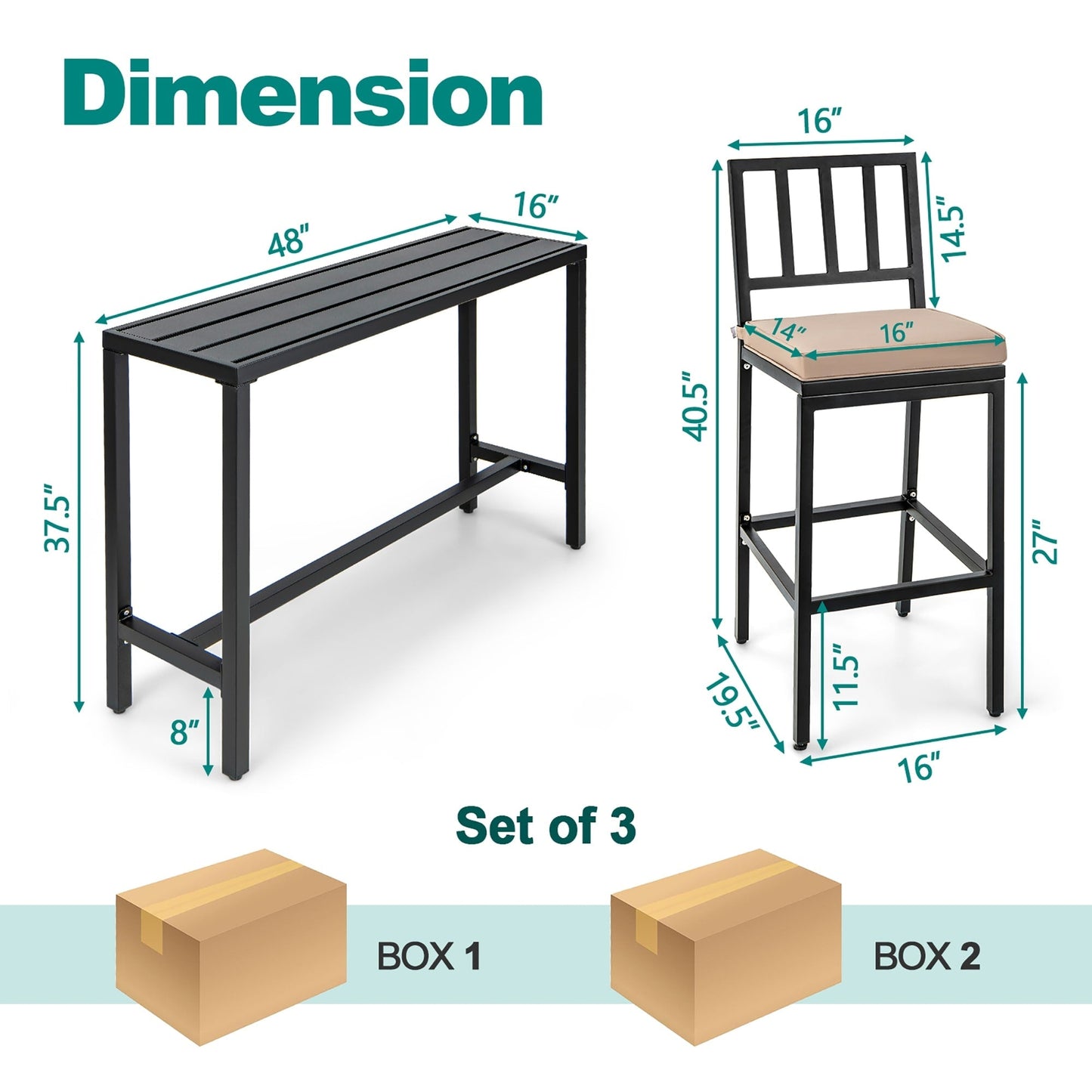 Ensemble de table et chaises de bar de patio 3 pièces en métal avec coussins
