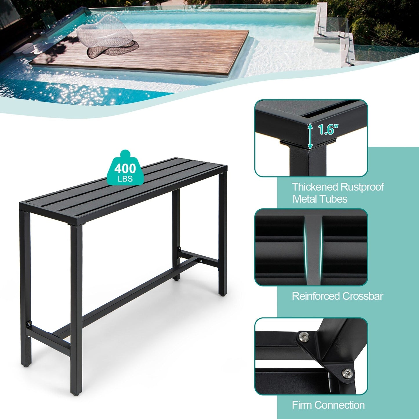 Ensemble de table et chaises de bar de patio 3 pièces en métal avec coussins