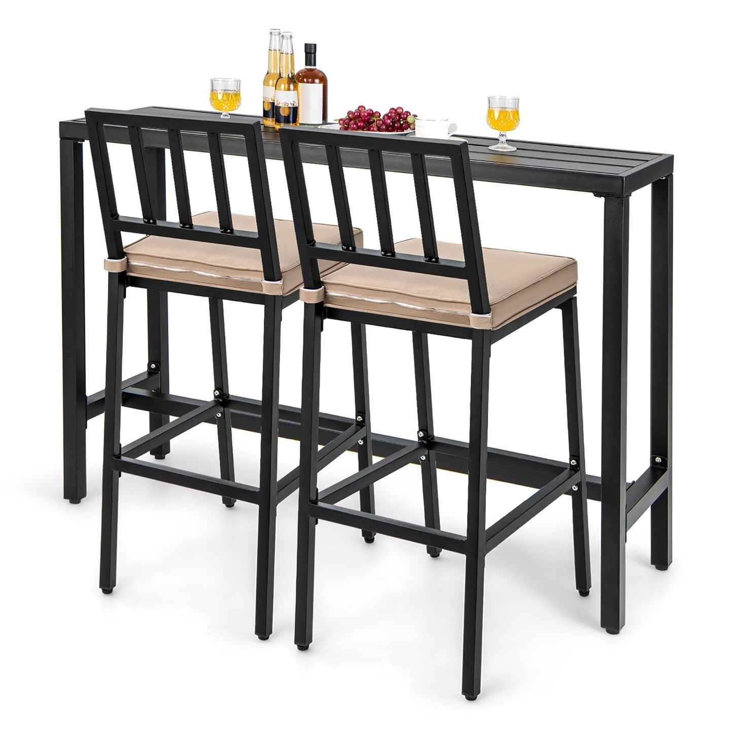 Ensemble de table et chaises de bar de patio 3 pièces en métal avec coussins