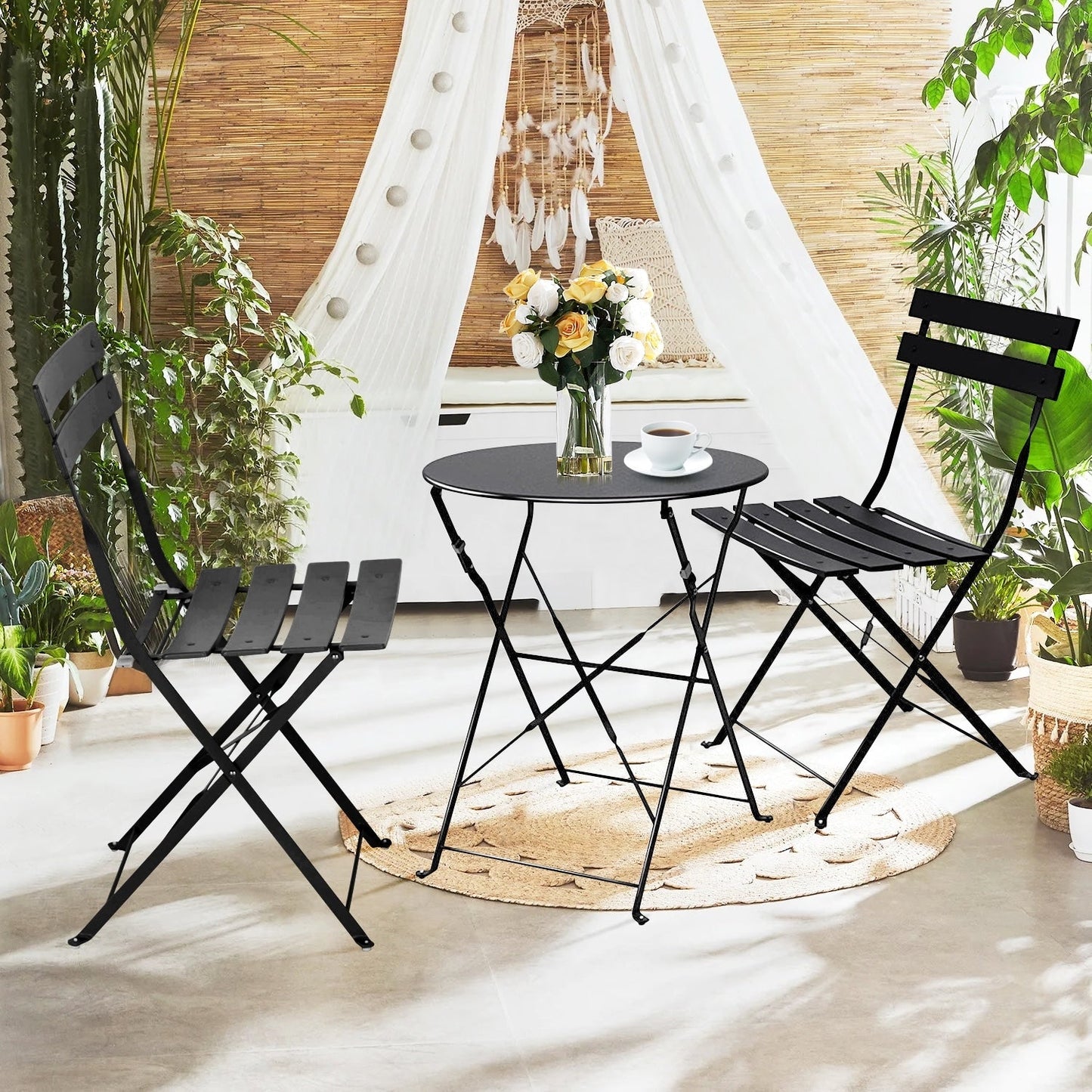 Ensemble de bistro pliable en métal 3 pièces, ensemble de conversation résistant aux intempéries pour l'intérieur et l'extérieur, pour patio, jardin, cour.