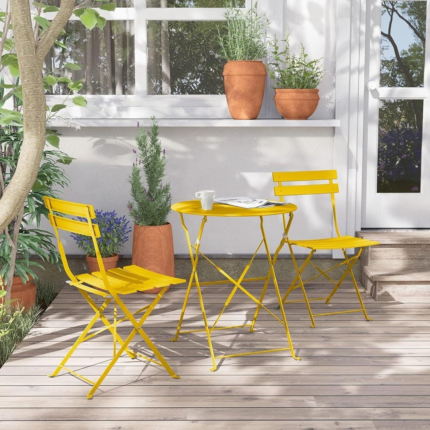 Ensemble de bistro pliable en métal 3 pièces, ensemble de conversation résistant aux intempéries pour l'intérieur et l'extérieur, pour patio, jardin, cour.