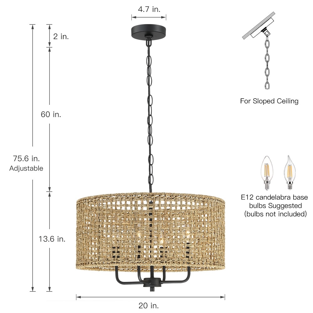 Luminaire suspendu bohémien en forme de tambour tissé à la main, 4 lumières - Paille - 50,8 cm de largeur