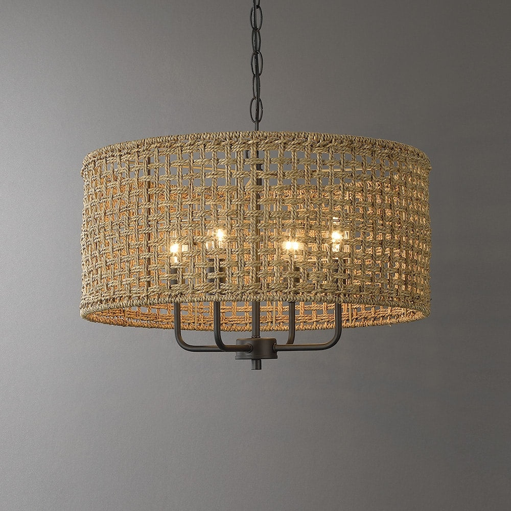 Luminaire suspendu bohémien en forme de tambour tissé à la main, 4 lumières - Paille - 50,8 cm de largeur