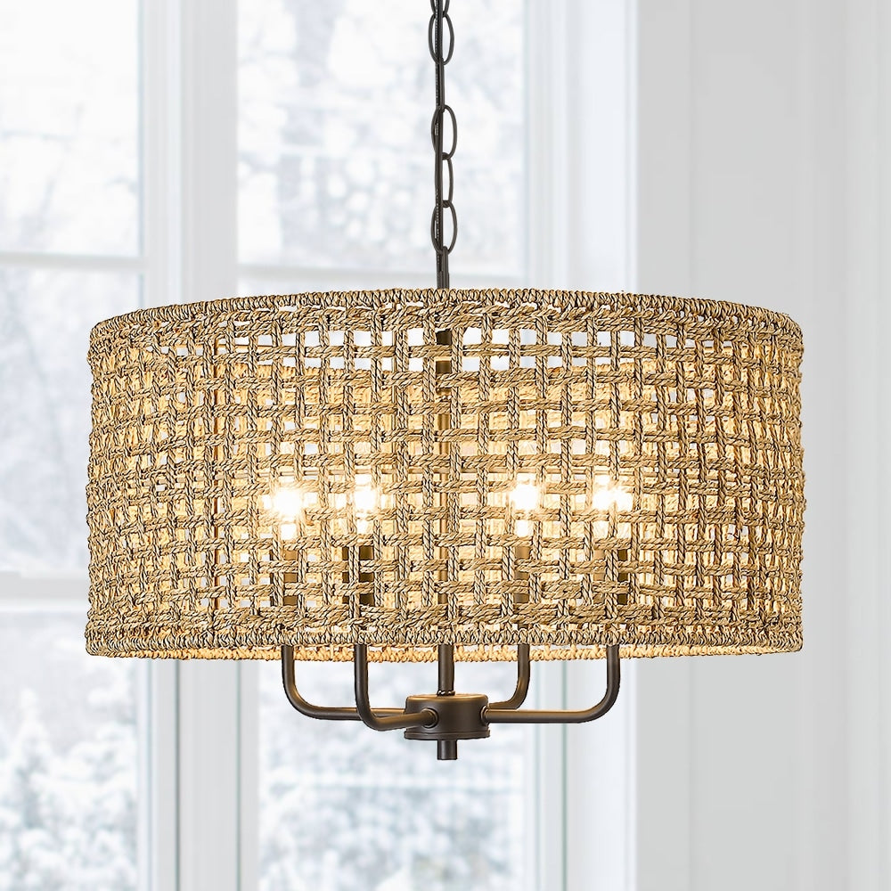 Luminaire suspendu bohémien en forme de tambour tissé à la main, 4 lumières - Paille - 50,8 cm de largeur