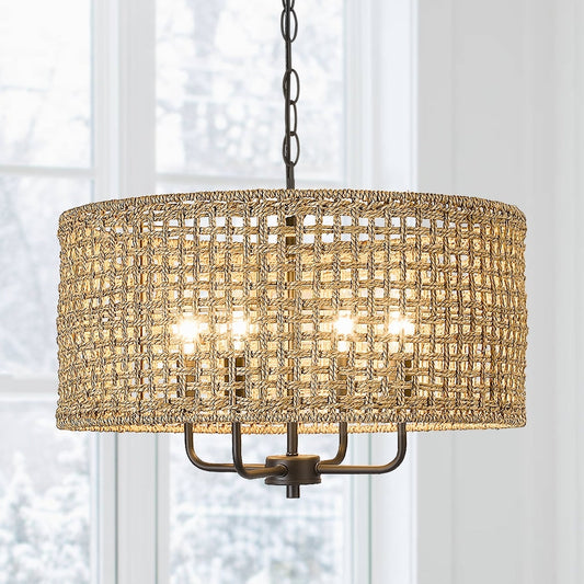 Luminaire suspendu bohémien en forme de tambour tissé à la main, 4 lumières - Paille - 50,8 cm de largeur