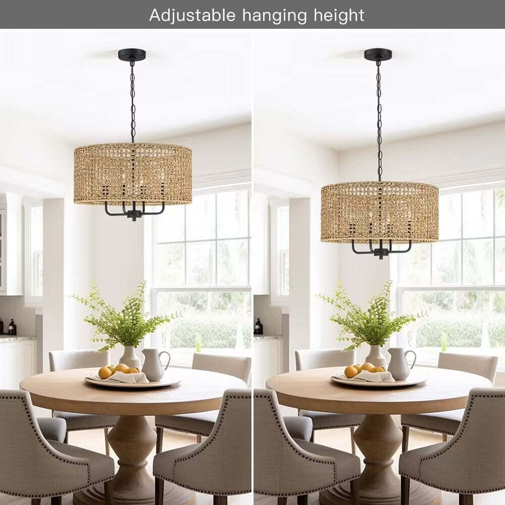 Luminaire suspendu bohémien en forme de tambour tissé à la main, 4 lumières - Paille - 50,8 cm de largeur