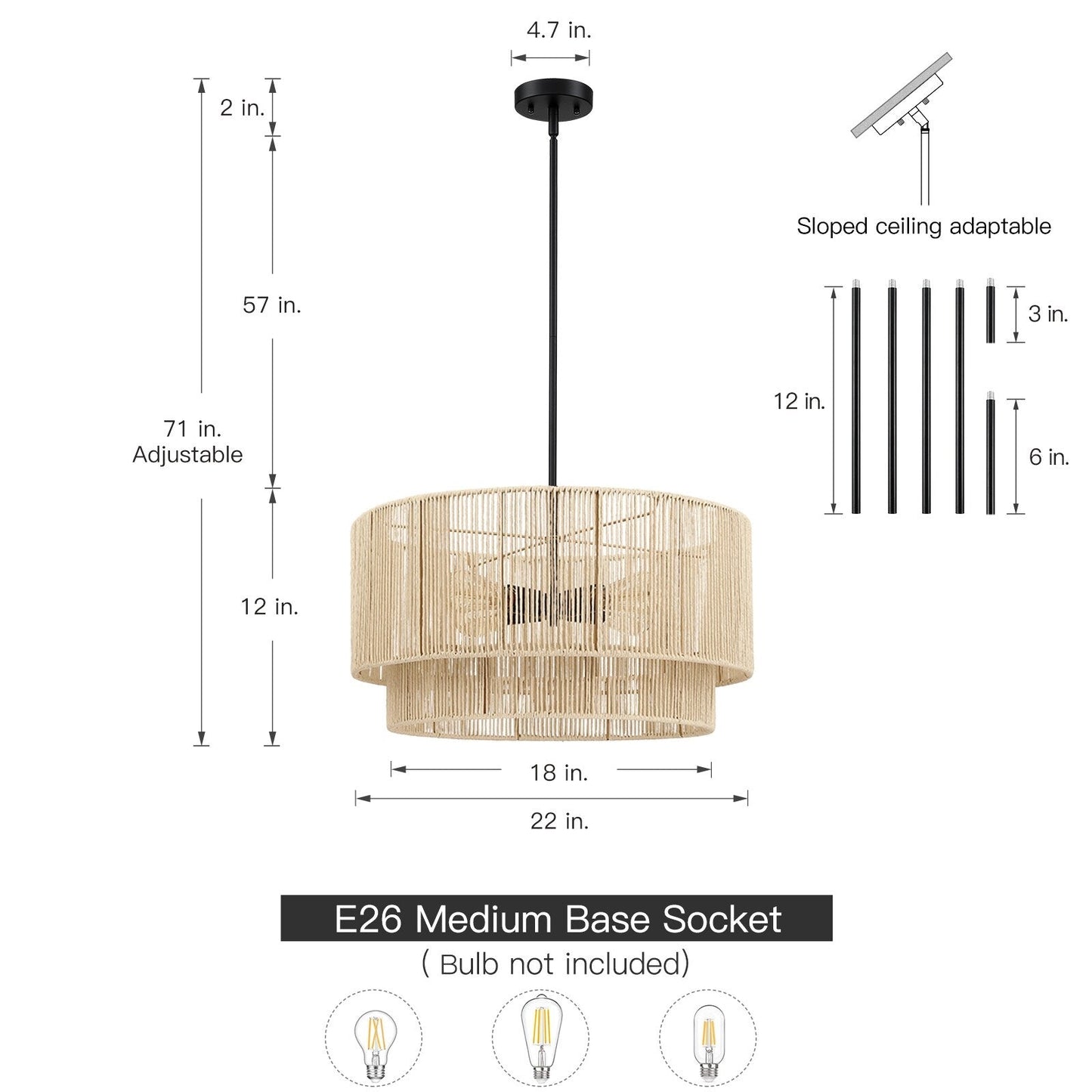 Suspension à 4 lumières en rotin à plusieurs niveaux, avec abat-jour noir - 56 cm de largeur