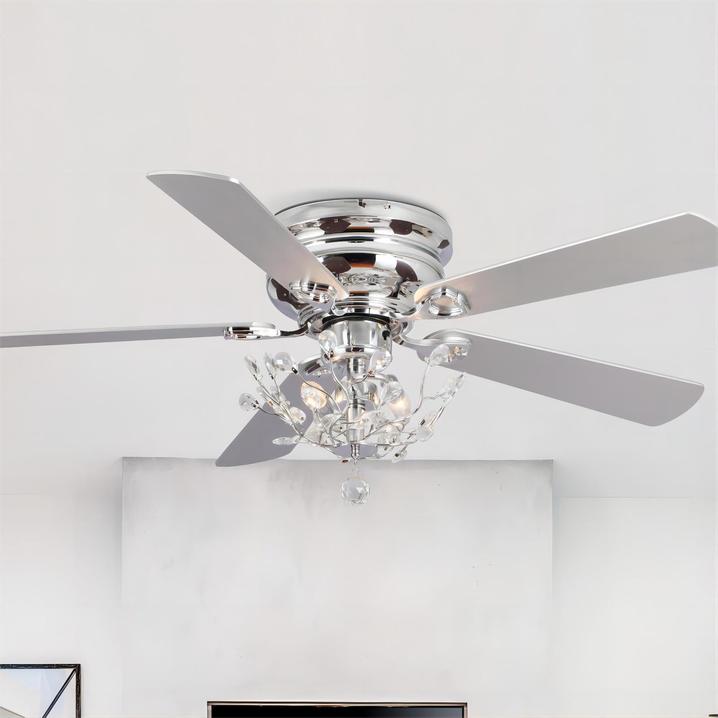 Ventilateur de plafond moderne à 5 pales réversibles, à montage encastré, avec télécommande, 48 pouces, avec cristaux.