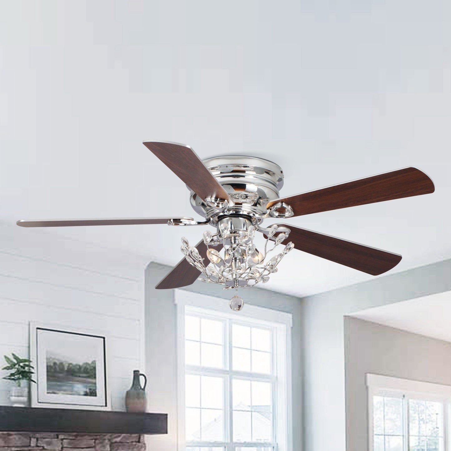 Ventilateur de plafond moderne à 5 pales réversibles, à montage encastré, avec télécommande, 48 pouces, avec cristaux.