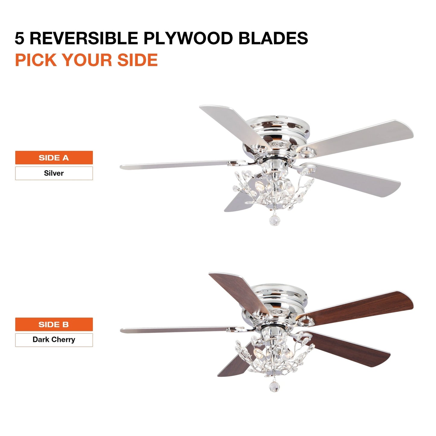 Ventilateur de plafond moderne à 5 pales réversibles, à montage encastré, avec télécommande, 48 pouces, avec cristaux.